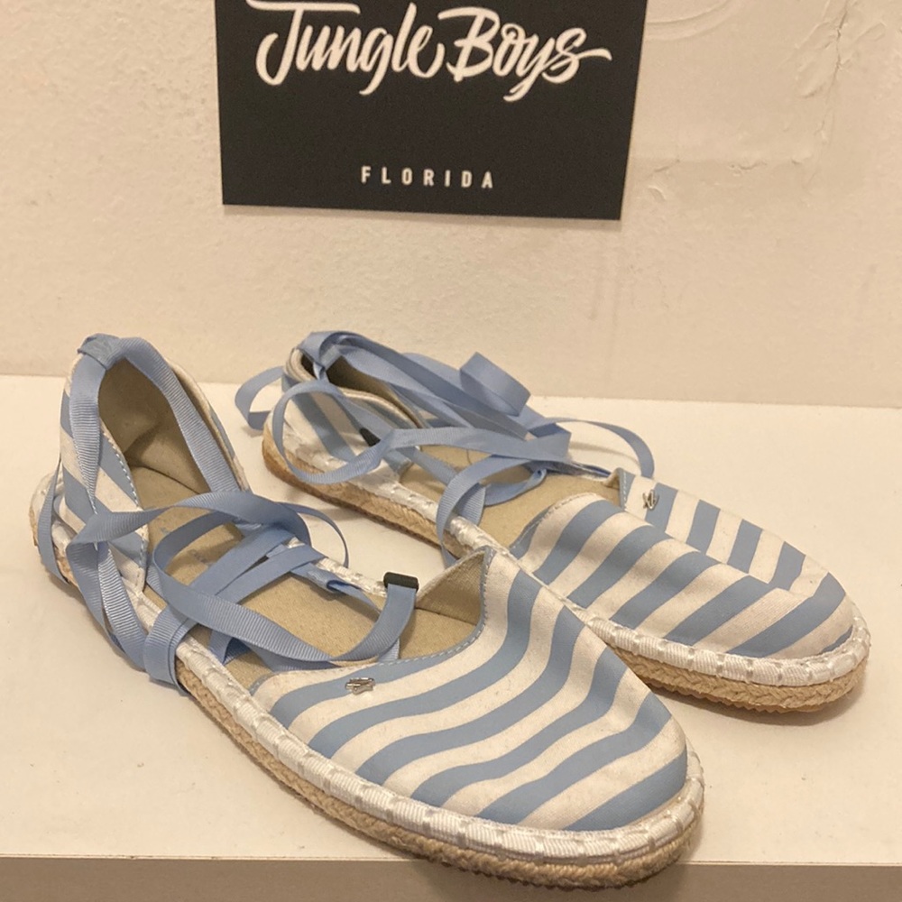 US size 7 Armani Exchange blue and white stripped ballerina style sandals.